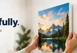 Hands positioning a beautiful landscape PicPanel on the wall