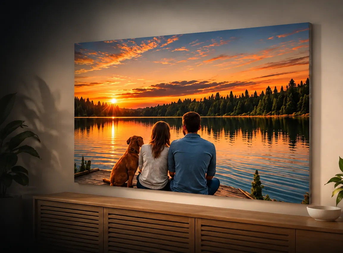 Frameless PicPanel showing a couple and dog by a lake at sunset, mounted on a living room wall