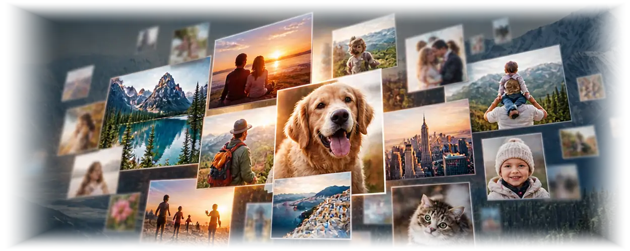 Floating mosaic of personal memories featuring family, a golden retriever, travel, nature and a cat