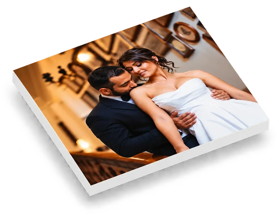 6" × 6" custom PicPanels wedding photo print on half-inch white foam, angled view