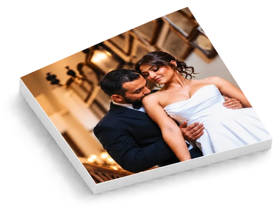 12 × 12 PicPanels foam wedding photo print, half-inch white edge