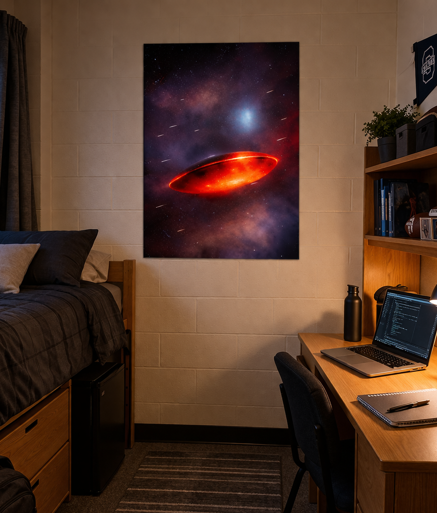 red hot alien craft poster in dorm room