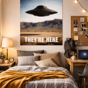 they're here alien ship poster in dorm room