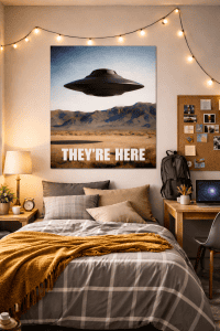 they're here alien ship poster in dorm room