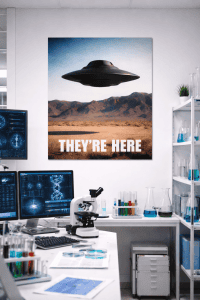 they're here alien ship poster in lab
