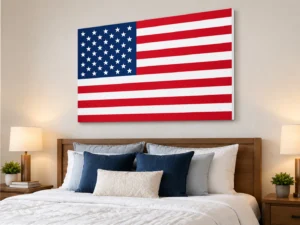 American Flag PicPanel displayed above a bedroom bed as frameless wall art