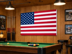 American Flag PicPanel wall art displayed in a billiards game room