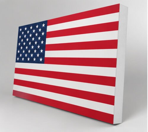 Close-up of American flag PicPanel showing the 1/2-inch thick white foam edge