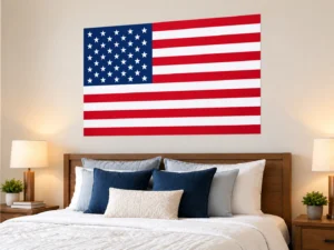 Unframed American Flag paper poster hanging above a bed in a bedroom