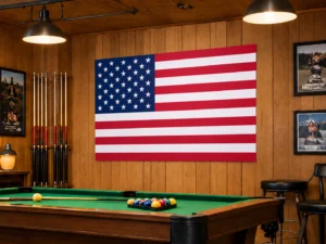 American Flag poster displayed on a wood-paneled billiards game room wall