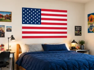 American Flag paper poster displayed above a bed in a college dorm room