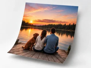 Custom printed paper poster featuring a couple and dog by a lake at sunset