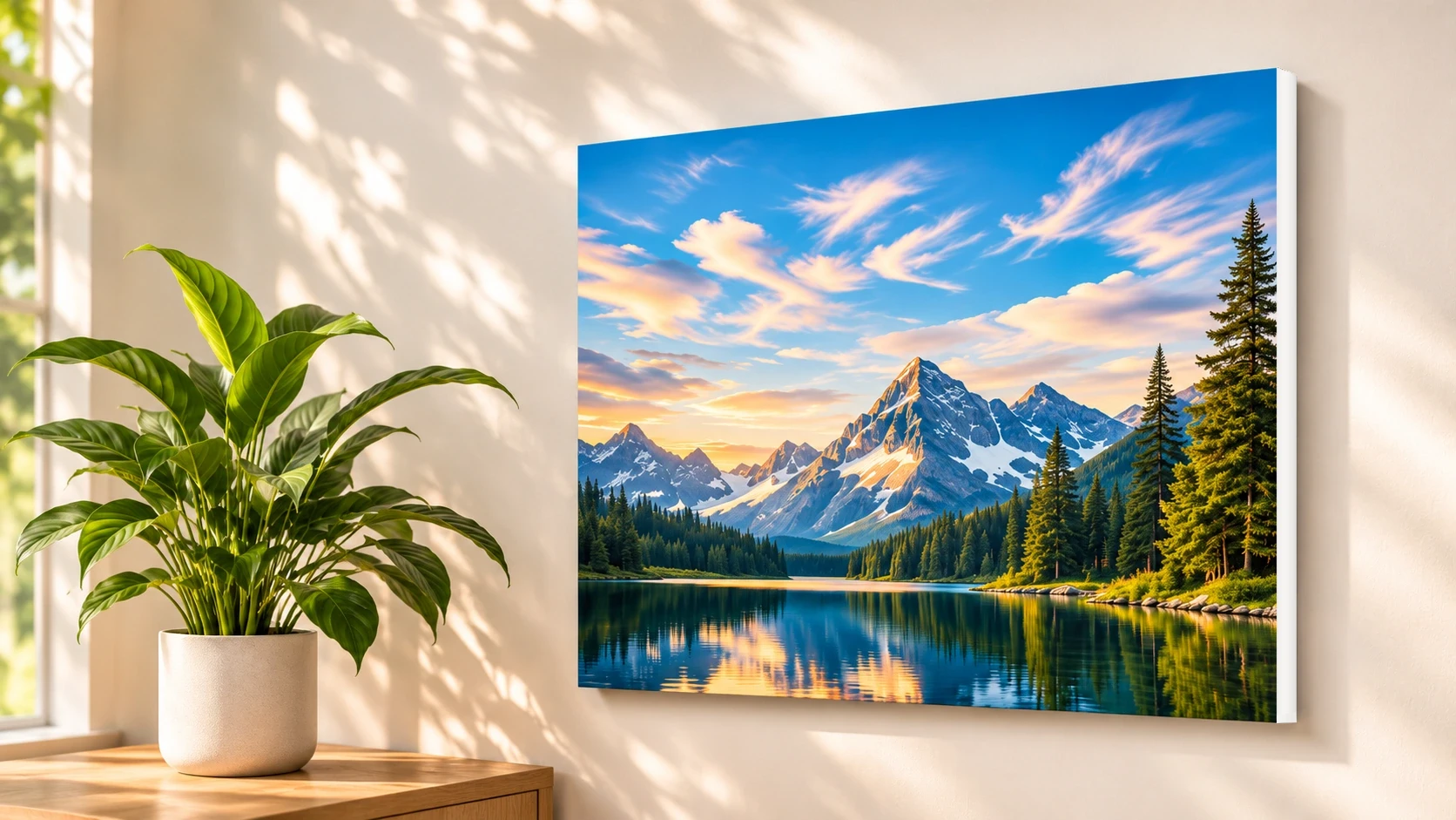 Finished mountain lake PicPanel foam print hanging on a light living room wall with a visible white foam edge.