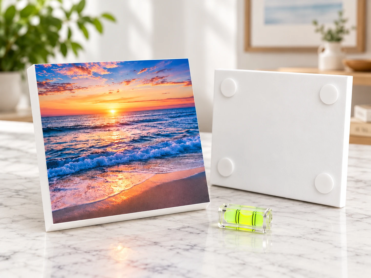 PicPanels foam wall art with a sunset ocean print, four circular adhesive mounting pads, and a mini level.