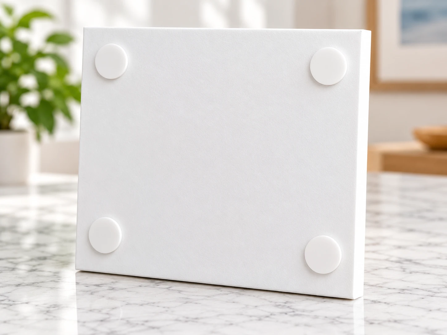 Back of a white foam PicPanel with four round adhesive mounting pads near the corners.