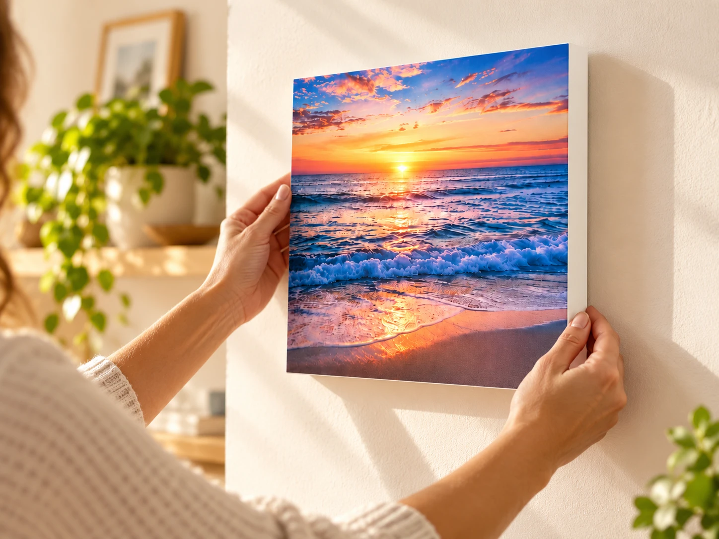 Hands positioning a frameless ocean sunset foam PicPanel against a living room wall.