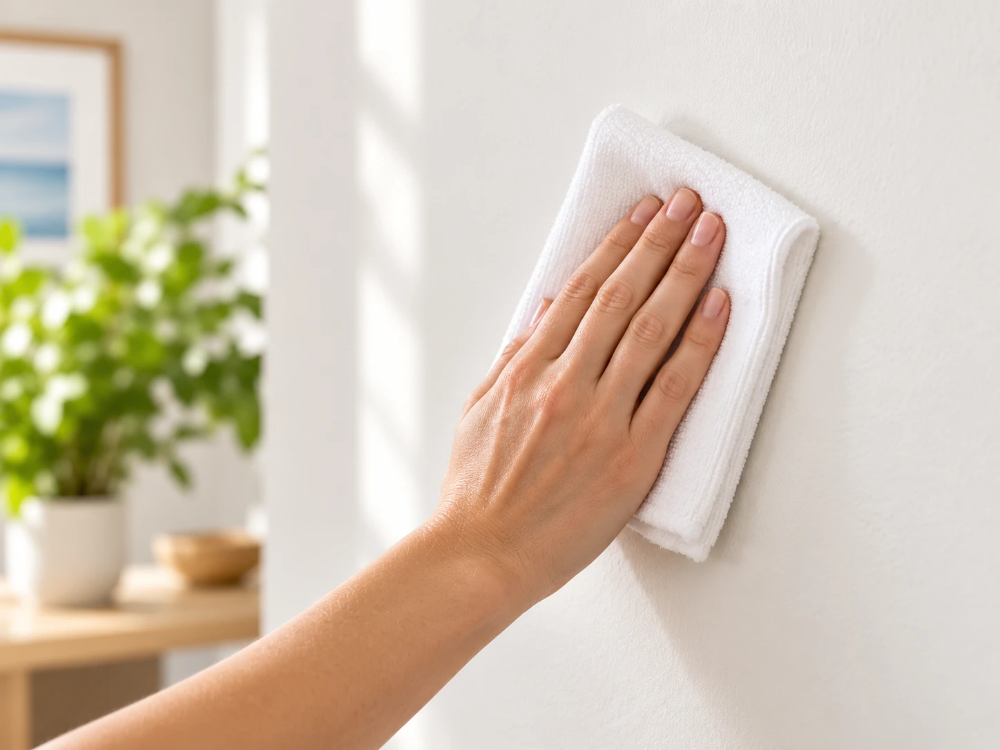 Hand cleaning a wall with a microfiber cloth before hanging a foam PicPanel.