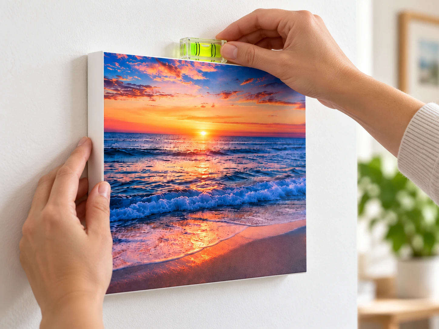 Using the included mini bubble level to align an ocean sunset PicPanel on a wall.