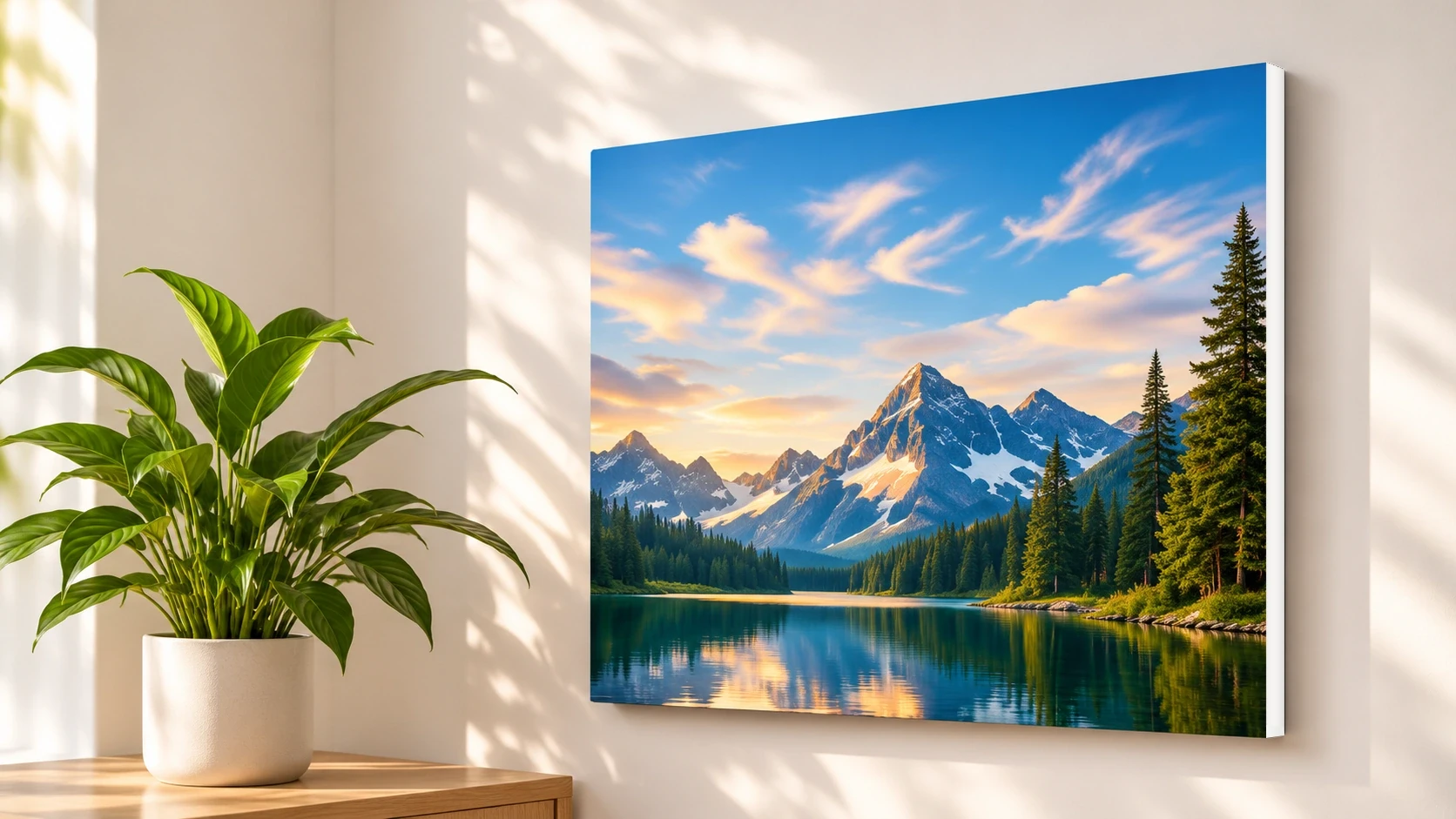 Frameless mountain lake wall art mounted on a sunlit wall, showing the solid white edge of a foam PicPanel beside a leafy plant.