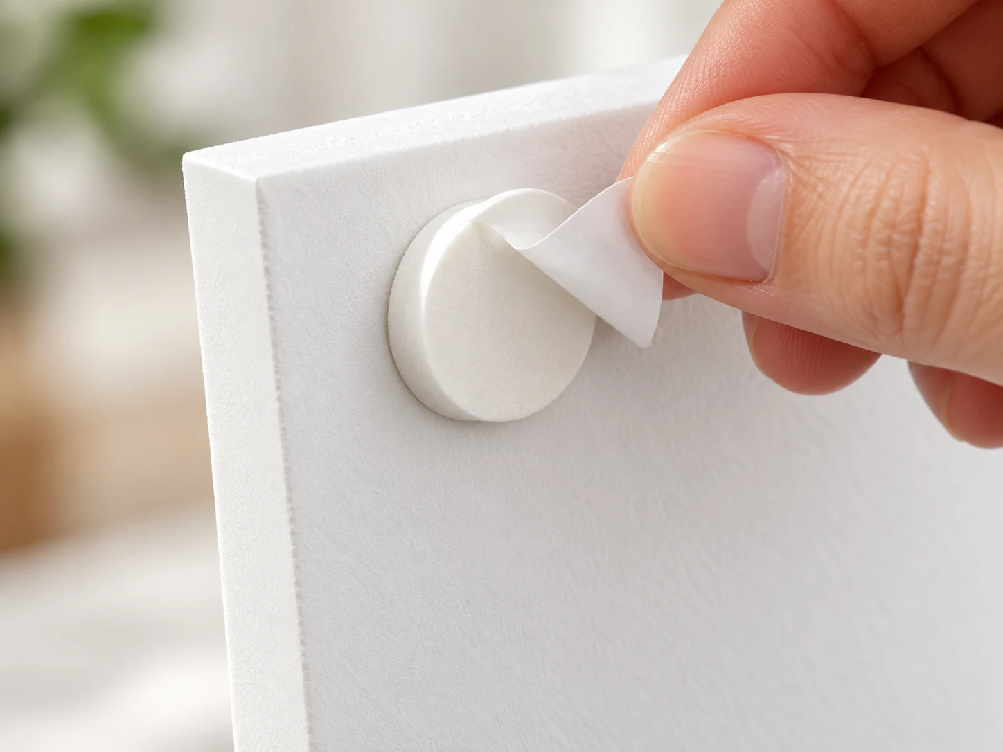 Close-up of a hand peeling the protective liner from a circular adhesive mounting pad on a PicPanel.