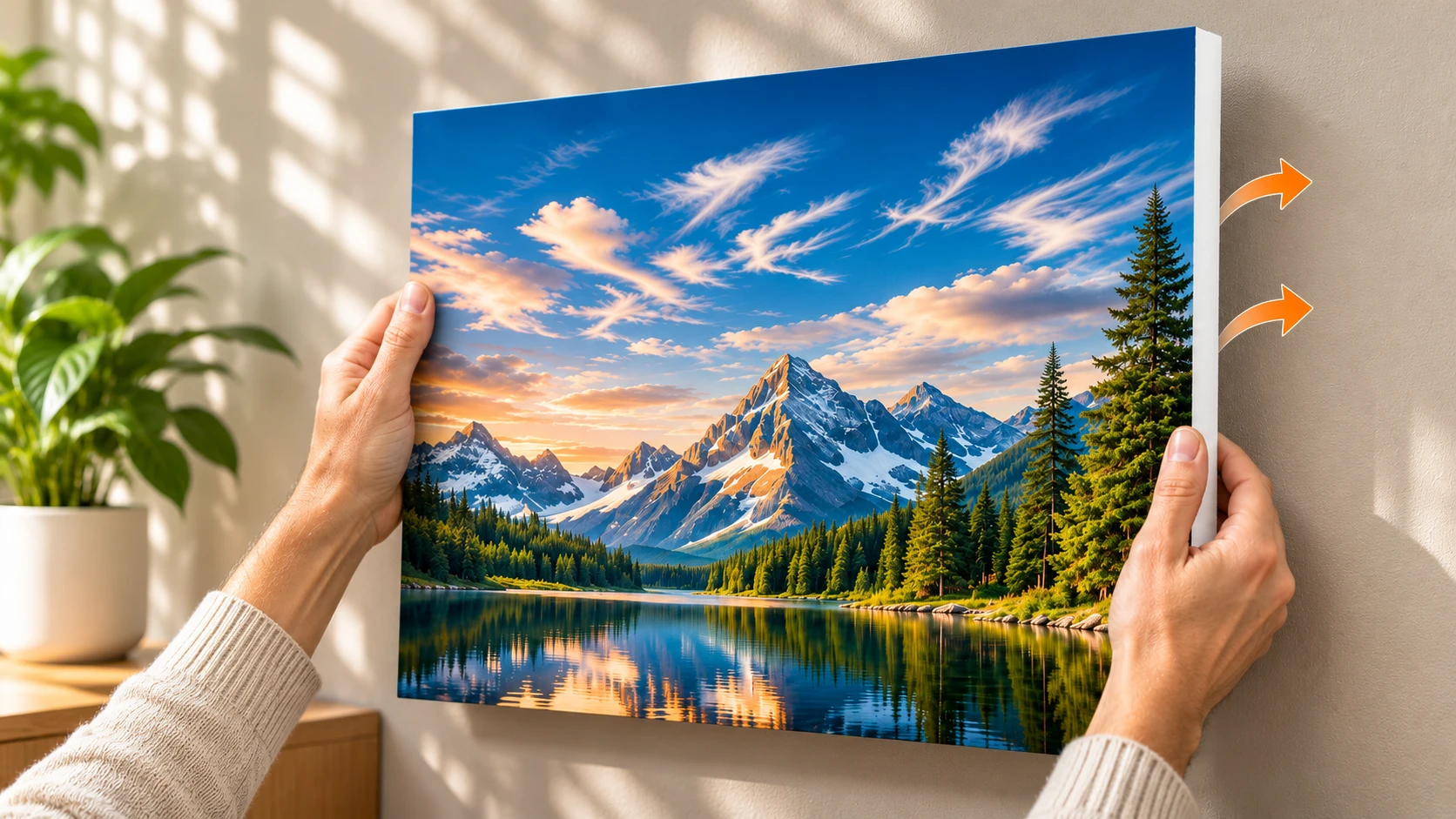 Hands supporting a rigid mountain lake PicPanel with a white foam edge while carefully removing it from a wall.